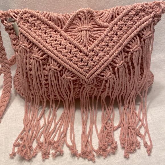 BOHO Crossbody Handbag Pink Macrame Bohemian Bag Purse Lined Sunshine Vibez - Picture 3 of 6